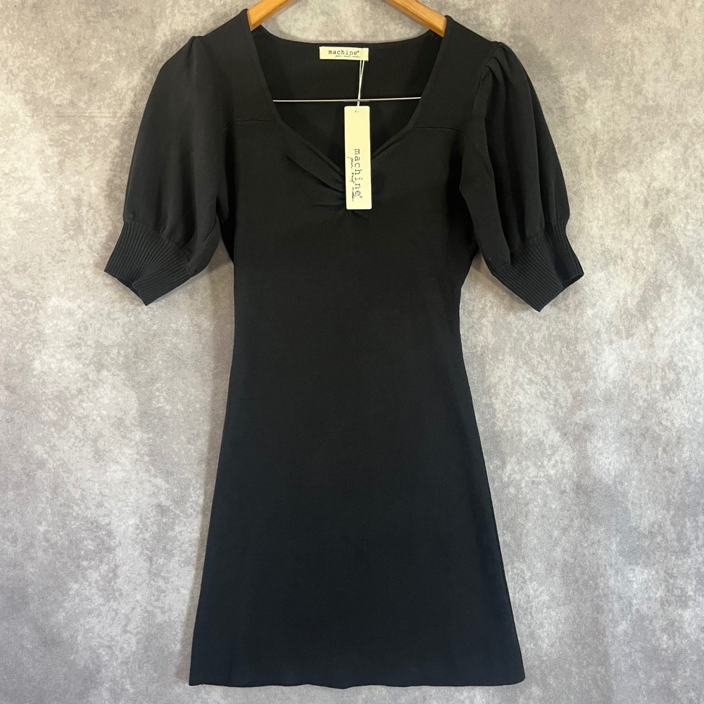 Machine Ribbed Knit Mini Dress Womens Medium Black Puff Sleeve Sweetheart NEW